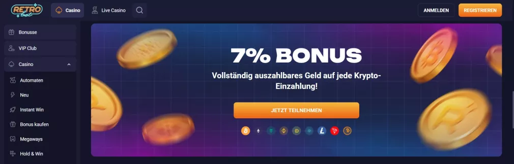 Retrobet Casino Willkommensbonus bis zu 5.000 Euro und 500 Freispiele